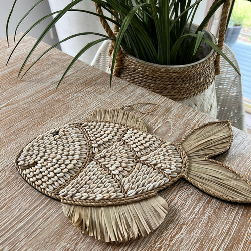 Cowrie Shell & Seagrass Fish Wall Hanging.