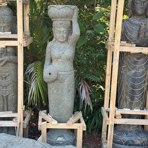 Hand Carved Volcanic Stone Standing Budha Fetching Water