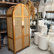 Load image into Gallery viewer, Teak &amp; Rattan Arched Cupboard.