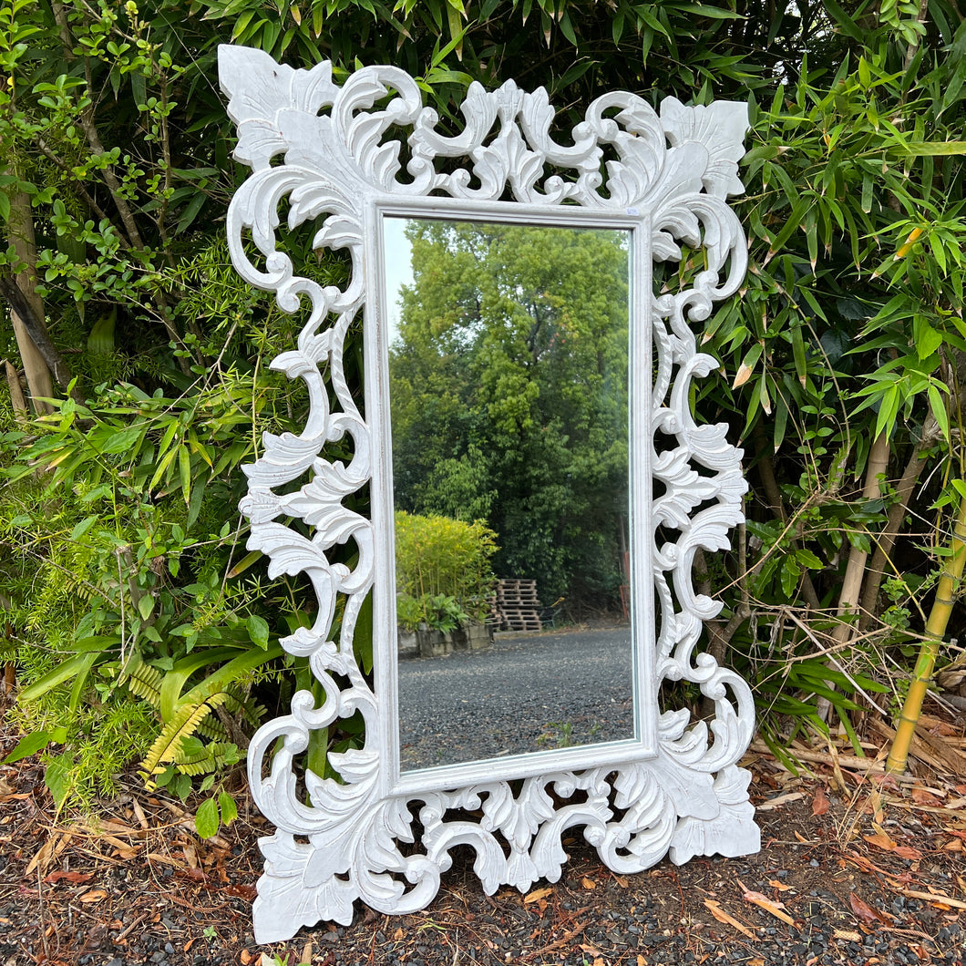 Soleil Carved Mirror in Whitewash. - Unique Imports