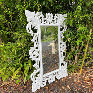 Soleil Carved Mirror in Whitewash. - Unique Imports