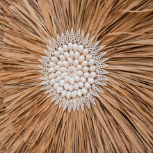 Load image into Gallery viewer, Extra Large Seagrass Juju hat wall feature with a white shell centre.