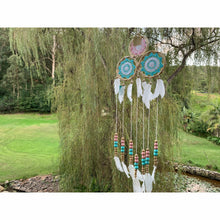 Load image into Gallery viewer, Tri crotchet dream catcher in Aqua, pink &amp; white. - Unique Imports brought to you by Pablo &amp; Kerrie Wijaya