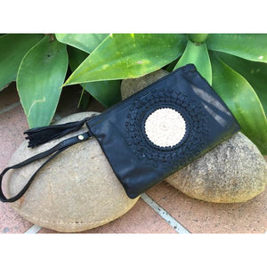 Mandala leather clutch purse with strap - Unique Imports brought to you by Pablo & Kerrie Wijaya
