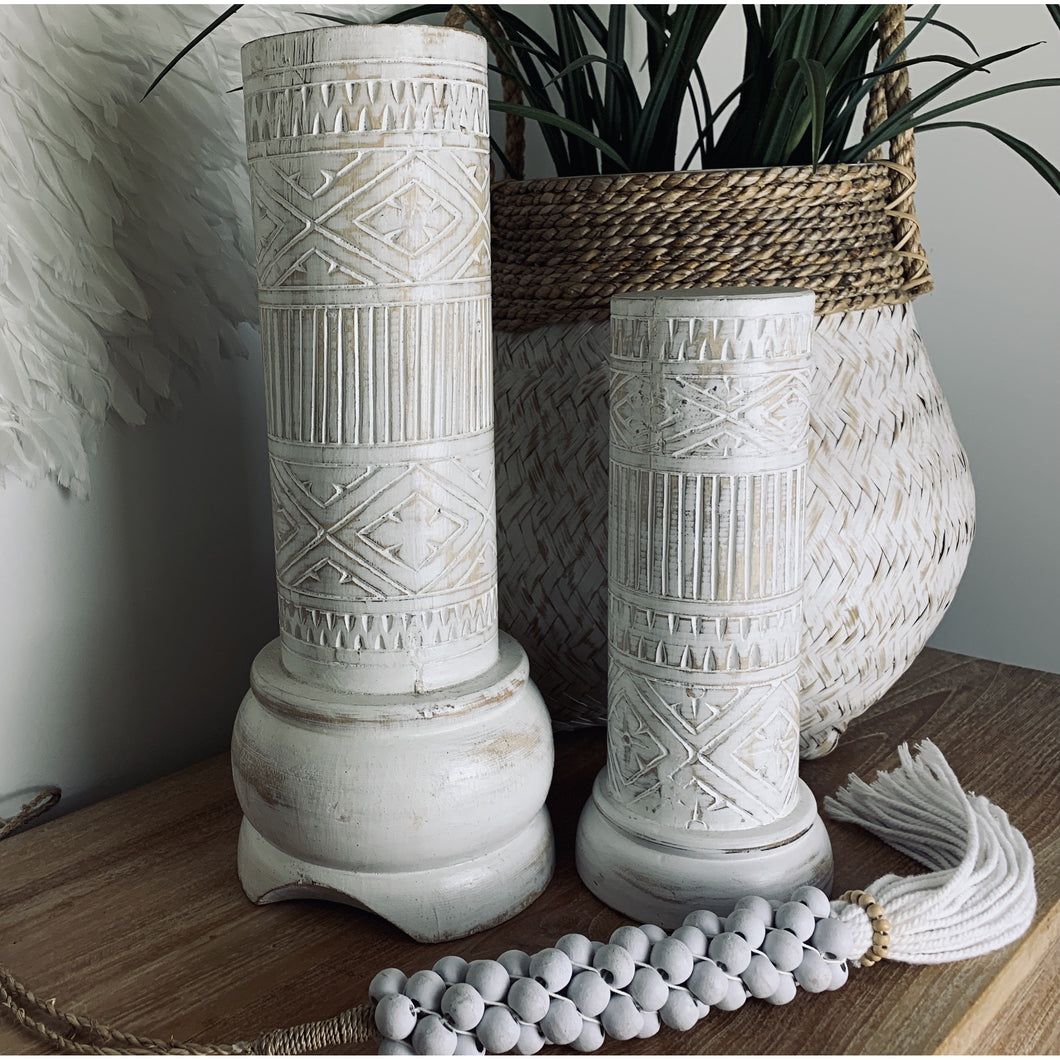 Timor carved candle pillars in  white wash. - Unique Imports