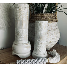 Load image into Gallery viewer, Timor carved candle pilars in  white wash. - Unique Imports