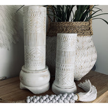 Load image into Gallery viewer, Timor carved candle pillars in  white wash. - Unique Imports