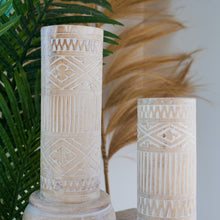 Load image into Gallery viewer, Timor carved candle pilars in  white wash. - Unique Imports