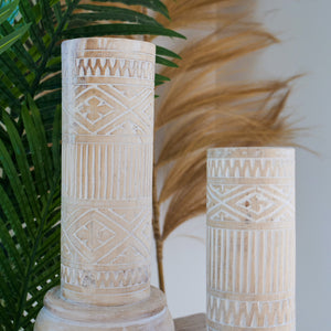 Timor carved candle pilars in  white wash. - Unique Imports