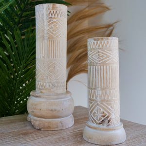 Timor carved candle pilars in  white wash. - Unique Imports