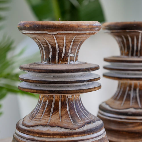 Set x 2 Chocolate Wash Carved Candle Pilars - Unique Imports